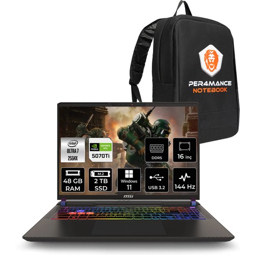 Msi Vector 16 Hx Aı Core Ultra 7 255HX RTX 5070 Ti 12GB 48GB RAM 2TB SSD 16" FHD+ 144Hz Win11 Home Gaming Laptop + Per4 Çanta