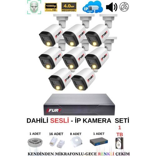 Fury 8 Kameralı Ip Güvenlik Kamerası Seti Sesli 4mp Renkli Su Geçirmez 1506s 1TB