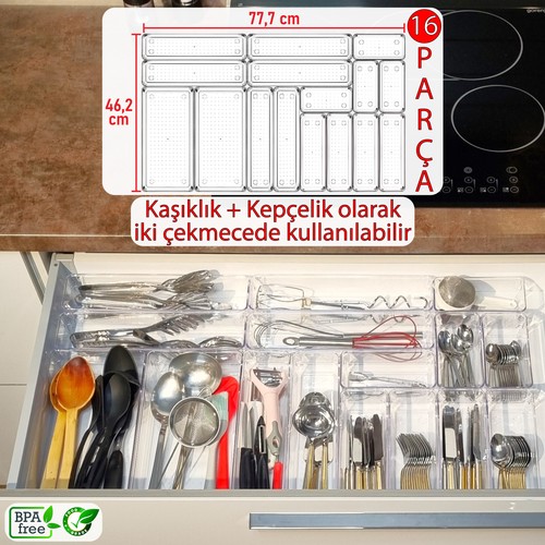 Color House 16'lı Set Modüler Kepçelik ve Kaşıklık Çekmece Içi Düzenleyici Şeffaf Clear Mutfak Çatal Bıçak Kaşık Organizer
