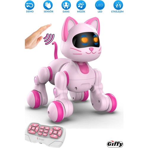 Giffy Pembe Renkli Uzaktan Kumandalı El Sensörlü Şarjlı Robot Kedi 1/10 Ölçek 3+ Yaş