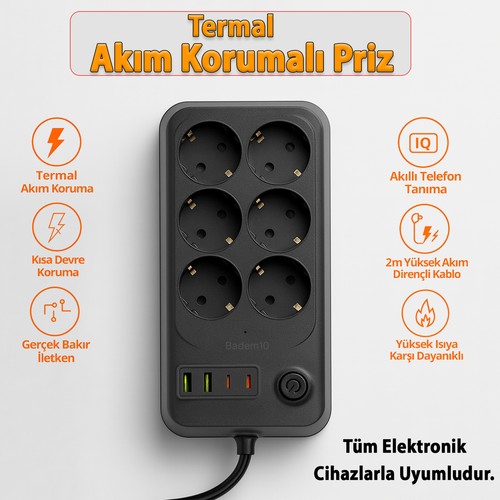 4 Prizli 3 USB Girişli Akım Korumalı Topraklı Golyat Grup Şarj Fiş Priz 2 Metre Uzatma Kablosu