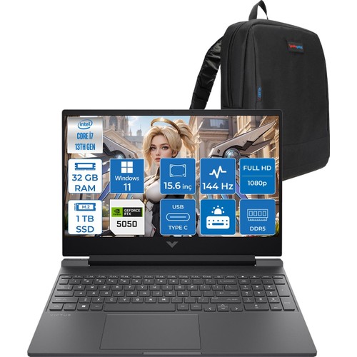 HP Victus Intel Core I7 16GB 1TB SSD 8GB RTX5050 Windows 11 Pro 15.6" FULLHD 144Hz IPS Taşınabilir Bilgisayar + Zetta Çanta