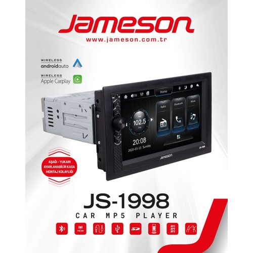 Jameson JS-1998 7'' Tek Din Kablosuz Carplay Bluetooth USB FM MP3 Arka Kısa Teyp Kamera Hediyeli