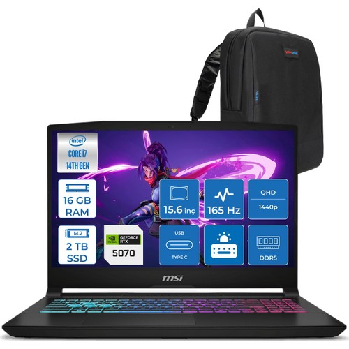 Msi Msı Katana 15 Hx Intel Core I7 16GB Ddr5 2tb SSD Freedos RTX5070 8gb Gddr7 115W 15.6" 2k 165HZ Gaming Laptop + Zetta Çanta