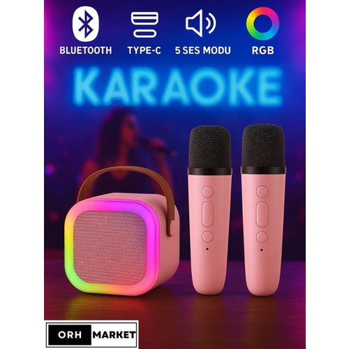 Orh MARKET Çift Mikrofonlu Kablosuz Karaoke Bluetooth Rgb Işıklı, Taşınabilir, Usb/sd Destekli Parti Hoparlörü