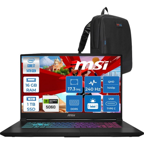 Msi Katana 17 Hx Intel Core I7 16GB Ddr5 1tb SSD Freedos RTX5060 8gb Gddr7 115W 17 Inç 2k 240HZ Gaming Laptop + Zetta Çanta