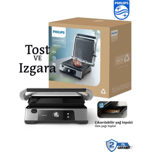 Philips 2200W Hızlı Pişirme Için Yüksek Güç, Çıkarılabilir Yapışmaz Plakalar 5000 Serisi Izgara ve Tost Makinesi Inox Paslanmaz Gövde