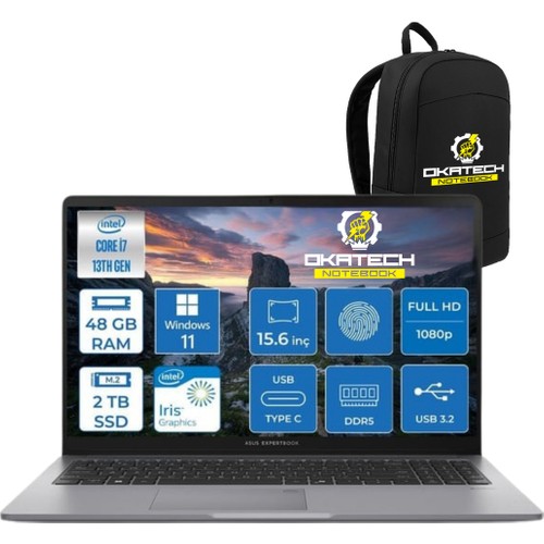 Asus Expertbook P1 P1503 Intel Core I7-13620H 48GB Ddr5 2 Tb SSD Wın 11 Pro 15.6 Fhd Intel UHD Taşınabilir Bilgisayar + Notebook Çantası