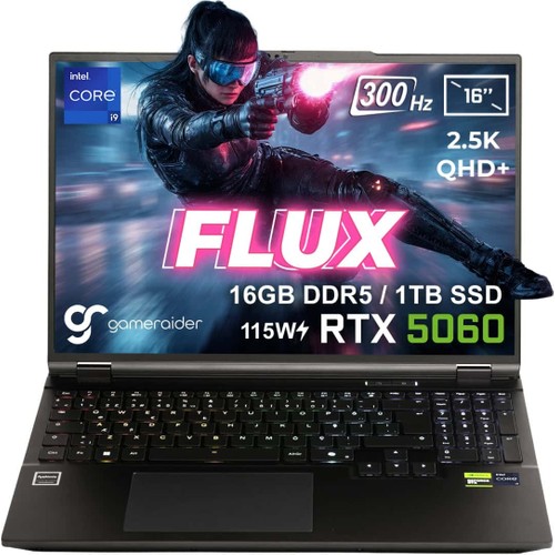 GameRaider FLUX GR16 Intel Core i9-14900HX 16GB DDR5 1TB SSD RTX 5060 8GB 115W 16 inç 2.5K QHD+ 300Hz FreeDos Gaming Laptop