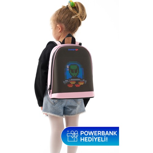 Zampago Animasyonlu Işıklı Dijital, 10.000 mAh Powerbank Hediyeli LED Ekranlı 14 inç Akıllı Sırt Çantası