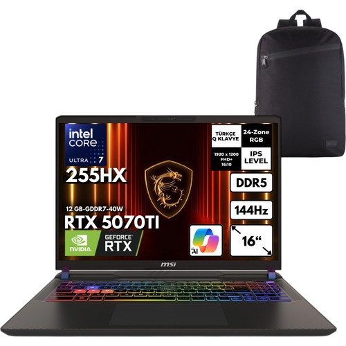 Msi Msı Vector 16 Hx Aı Ultra 1 Tb RTX5070TI (12 16" Fhd+ 144Hz Freedos + Hmf Sırt Çantası