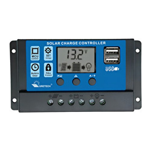 UreTech Güneş Paneli Akü Şarj Kontrol Cihazı 10A 12/24V 10 Ah Amperli USB Çıkışlı Regülatör