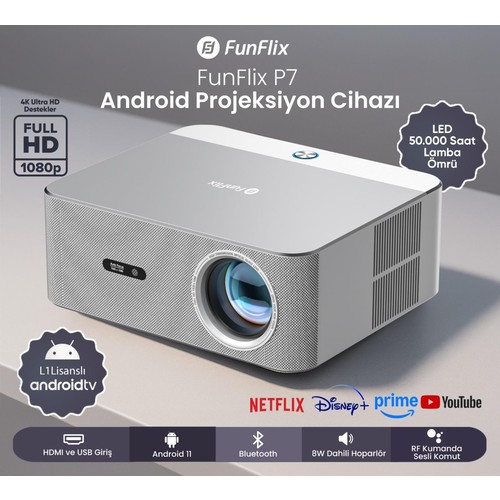 Funflix P7 Android 4K Destekli LED Full Hd Projeksiyon Cihazı, Lisanslı Android Tv, Bluetooth, 8W Hoparlör, 7000 Lümen
