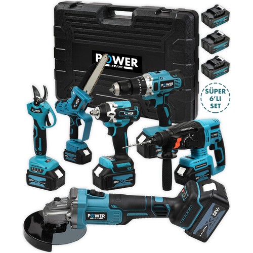 Power Black German 58VF Brushless 6'lı Set Şarjlı Hilti Şarjlı Taşlama Şarjlı Darbeli Matkap Makas&testere 800 W Güçlü Elektrikli Kırıcı Delici Aletler