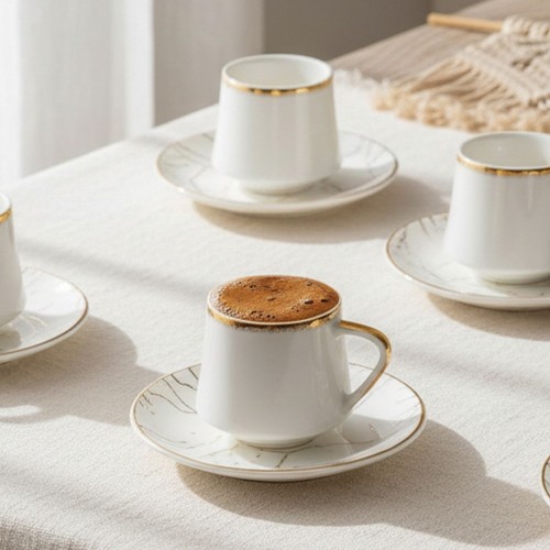 Acar Milla 6 Kişilik Porselen Beyaz Kahve Fincanı Takımı