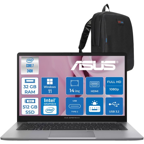 Asus Expertbook P1 Intel® Core™ 7 240H 32GB Ddr5 512GB SSD 14"fhd (1920 x 1080) Taşınabilir Bilgisayar