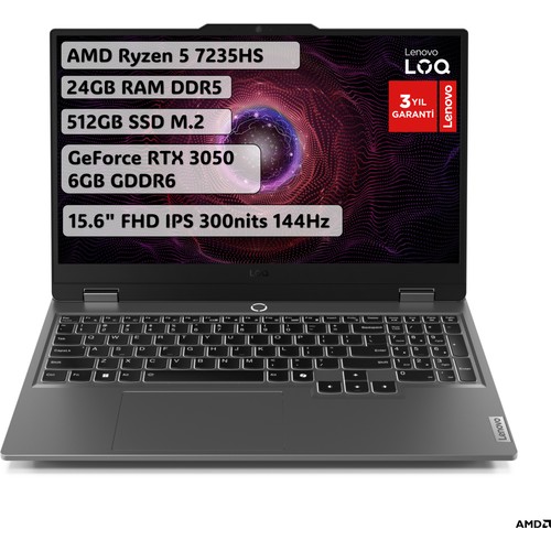 Lenovo Loq Amd Ryzen 5 24GB 512 GB SSD RTX3050 Freedos 15.6" Fhd Taşınabilir Bilgisayar