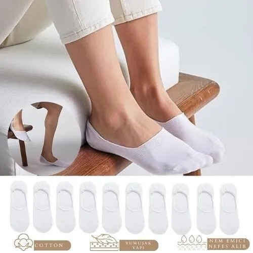Kral Socks Kadın - Erkek Düz Desen Pamuklu Terletmez Babet Çorap 10'lu Paket 10 Çift Beyaz Renk görsel 2