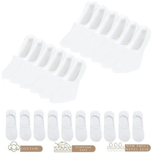 Kral Socks Kadın - Erkek Düz Desen Pamuklu Terletmez Babet Çorap 10'lu Paket 10 Çift Beyaz Renk görsel 4
