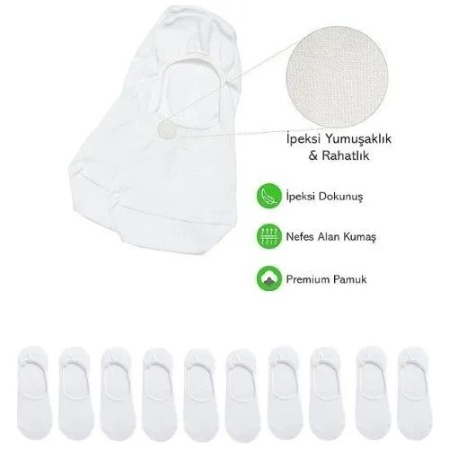 Kral Socks Kadın - Erkek Düz Desen Pamuklu Terletmez Babet Çorap 10'lu Paket 10 Çift Beyaz Renk görsel 5