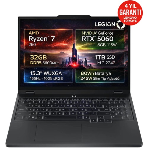 Lenovo Legion 5 AMD Ryzen 7 260 24GB 1TB SSD RTX 5060 8GB (115W) Freedos 15.3" 165Hz WUXGA IPS Panel Taşınabilir Bilgisayar