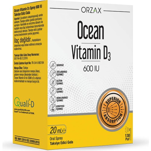 Orzax Ocean Vitamin D3 600 IU Sprey 20 Ml