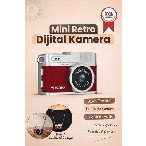 Torima Mini Dijital Kamera Selfie Video Vlog Kamerası Mini Anahtarlık 1080P CMR35 Bordo