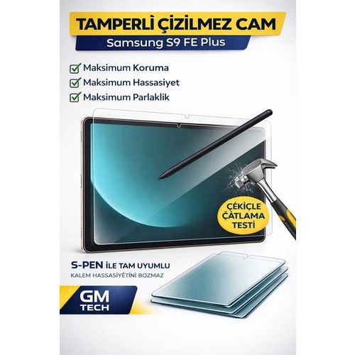 Samsung Tab S9 Fe Plus + Için Tamperli Ekran Koruyucu Kalemle Uyumlu Kırılmaz