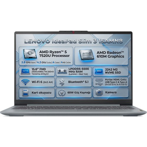 Lenovo Ideapad Slim 3 Amd Ryzen 5 7520U 8gb 512GB SSD 15.6" Fhd Windows 11 Pro Laptop, Notebook 002