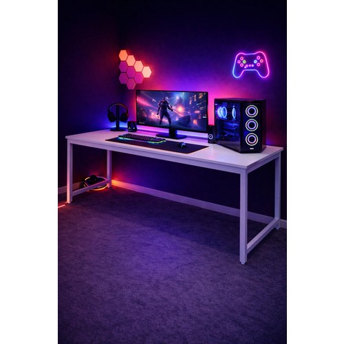 Flinder Beyaz Oyuncu Masası Bilgisayar Masası, Gamer Masası, Gaming Masa, Metal Ayaklı