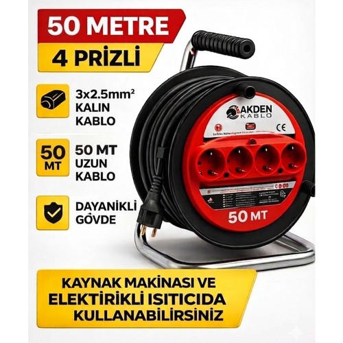 Akden Kablo 50 Metre Makaralı Uzatma Kablosu Tam Kesit Kaynak Makinası Kullanıma Uygundur