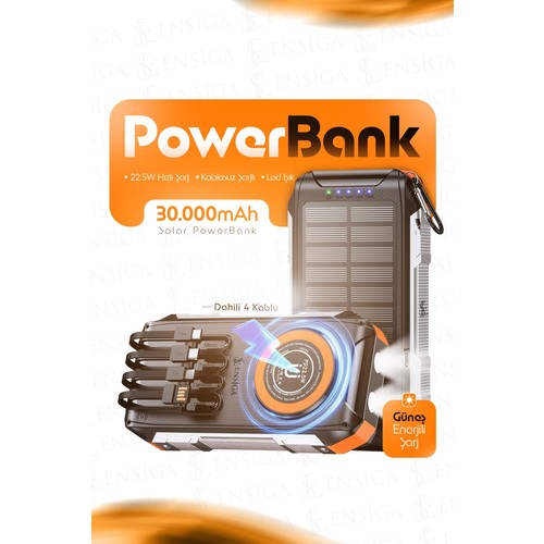 Ensiga Solar Powerbank 30.000 mAh 22.5W Hızlı Şarj Kablosuz Taşınabilir Şarj Cihazı