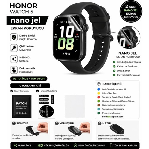onlinekordon Honor Watch 5 Uyumlu Nano Hidrojel Ekran Koruyucu 2 Adet Kırılmaz Darbe Emici Tam Koruma