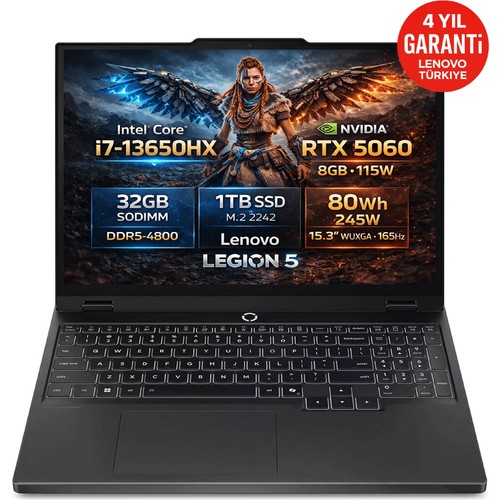 Lenovo Legion 5 RTX 5060 8GB WUXGA IPS 165Hz Intel Core i7-13650HX 32 GB RAM 1 TB SSD 15,3 inç FreeDOS Laptop