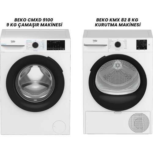 Beko Cmxd 9100 9 kg Çamaşır Makinesi ve KMX 82 8 kg Kurutma Makinesi Seti Fonksiyonel Tasarım