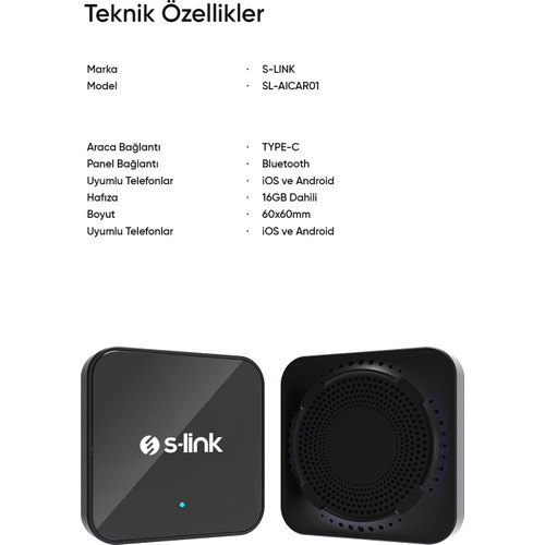 S-Link Carplay Aı Box 16GB Bellek ile NETFLIX-YOUTUBE Desteği Olan Akıllı Araç Multimedya Adaptörü