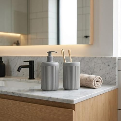 Ikili Sabunluk Seti - Modern Banyo ve Mutfak Tezgah Üstü Seti - Sıvı Sabunluk ve Losyon Şişesi - Paslanmaz Pompalı 2'li Set- Renk görsel 2