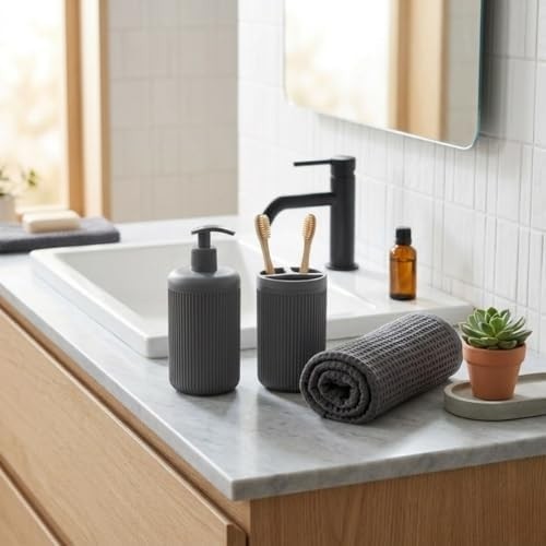 Ikili Sabunluk Seti - Modern Banyo ve Mutfak Tezgah Üstü Seti - Sıvı Sabunluk ve Losyon Şişesi - Paslanmaz Pompalı 2'li Set- Renk görsel 3