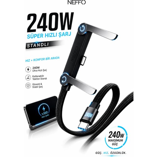 Neffo 240W Ultra Hızlı Type-C Şarj Data Kablosu Katlanabilir Standlı Ergonomik Tasarım 1.5m Örgülü