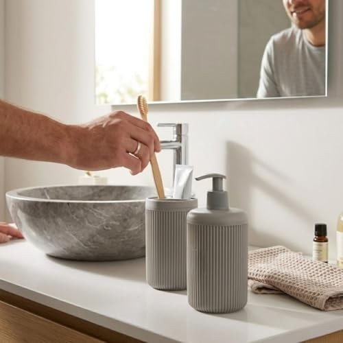 Ikili Sabunluk Seti - Modern Banyo ve Mutfak Tezgah Üstü Seti - Sıvı Sabunluk ve Losyon Şişesi - Paslanmaz Pompalı 2'li Set-Bej Renk-Modern Şık Tasarım