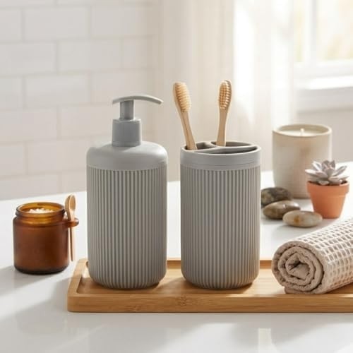 Ikili Sabunluk Seti - Modern Banyo ve Mutfak Tezgah Üstü Seti - Sıvı Sabunluk ve Losyon Şişesi - Paslanmaz Pompalı 2'li Set-Bej Renk-Modern Şık Tasarım görsel 2