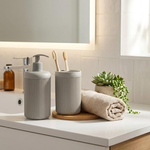 Ikili Sabunluk Seti - Modern Banyo ve Mutfak Tezgah Üstü Seti - Sıvı Sabunluk ve Losyon Şişesi - Paslanmaz Pompalı 2'li Set-Bej Renk-Modern Şık Tasarım görsel 3