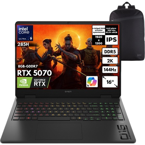 HP Omen Slim Ultra 9-285H 1 Tbssd RTX5070 16" 2k 144Hz Freedos + Hmf Sırt Çantası