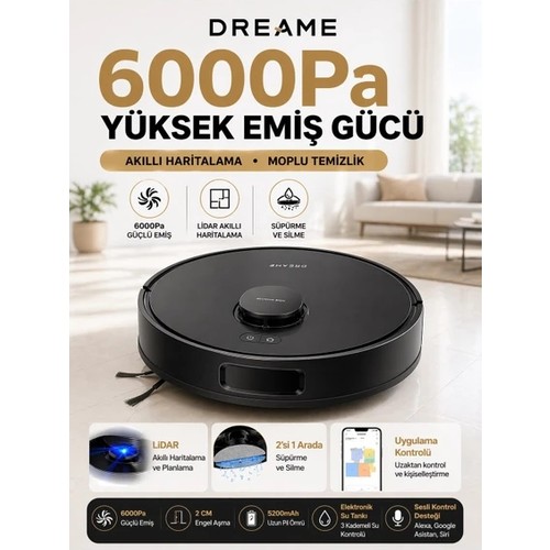 Dreame Lazer Haritalamalı 6.000 Pa Çekim Gücü Sunan Islak Kuru Temizlik Yapan Akıllı Robot Süpürge Yüksek Batarya Kapasiteli Aile Boyu Cihaz