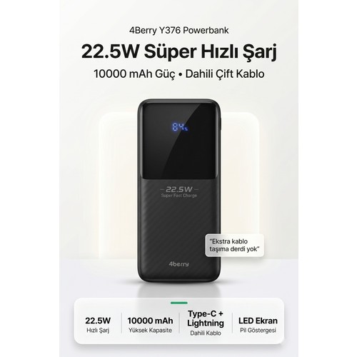 4berry Y376 10000MAH 22.5W Süper Hızlı Şarj Type-C ve Lightning Kablolu Powerbank