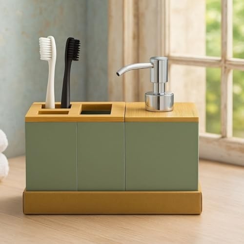 Prime Bambu Kapaklı Yeşil Banyo Seti, Sıvı Sabunluk, Diş Fırçalık, Çok Gözlü Organizer ve Düzenleyici görsel 2