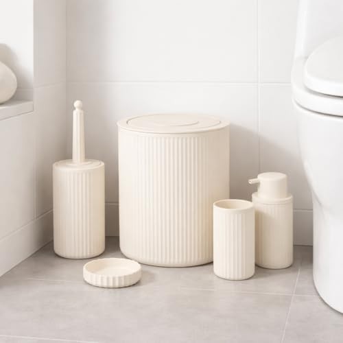 Prime 5’li Limon Rengi Banyo Seti, Çöp Kovası, Sıvı Sabunluk, Diş Fırçalık, Sabunluk ve Wc Fırçası, Modern Çizgili Şık Tasarım