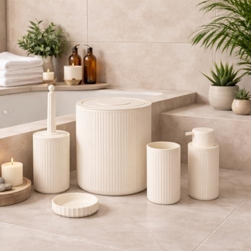 Prime 5’li Limon Rengi Banyo Seti, Çöp Kovası, Sıvı Sabunluk, Diş Fırçalık, Sabunluk ve Wc Fırçası, Modern Çizgili Şık Tasarım görsel 3