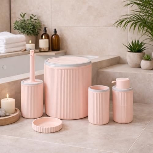 Prime 5’li Açık Pembe Rengi Banyo Seti, Çöp Kovası, Sıvı Sabunluk, Diş Fırçalık, Sabunluk ve Wc Fırçası, Modern Çizgili Şık Tasarım görsel 2