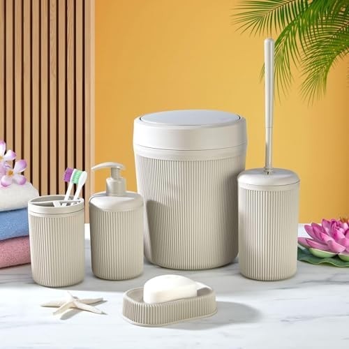 Prime 5 Parça Lüx Plastik Banyo Seti - Çöp Kovalı, Diş Fırçalıklı, Sıvı ve Katı Sabunluk Antibakteriyel Fırça - Bej görsel 2